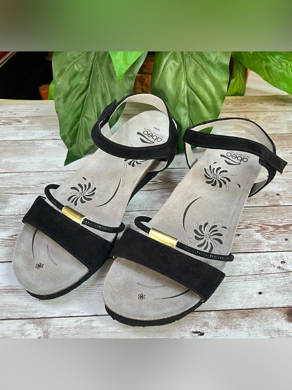 Abeo Black Suede Strapy Sandals with Gold Accent